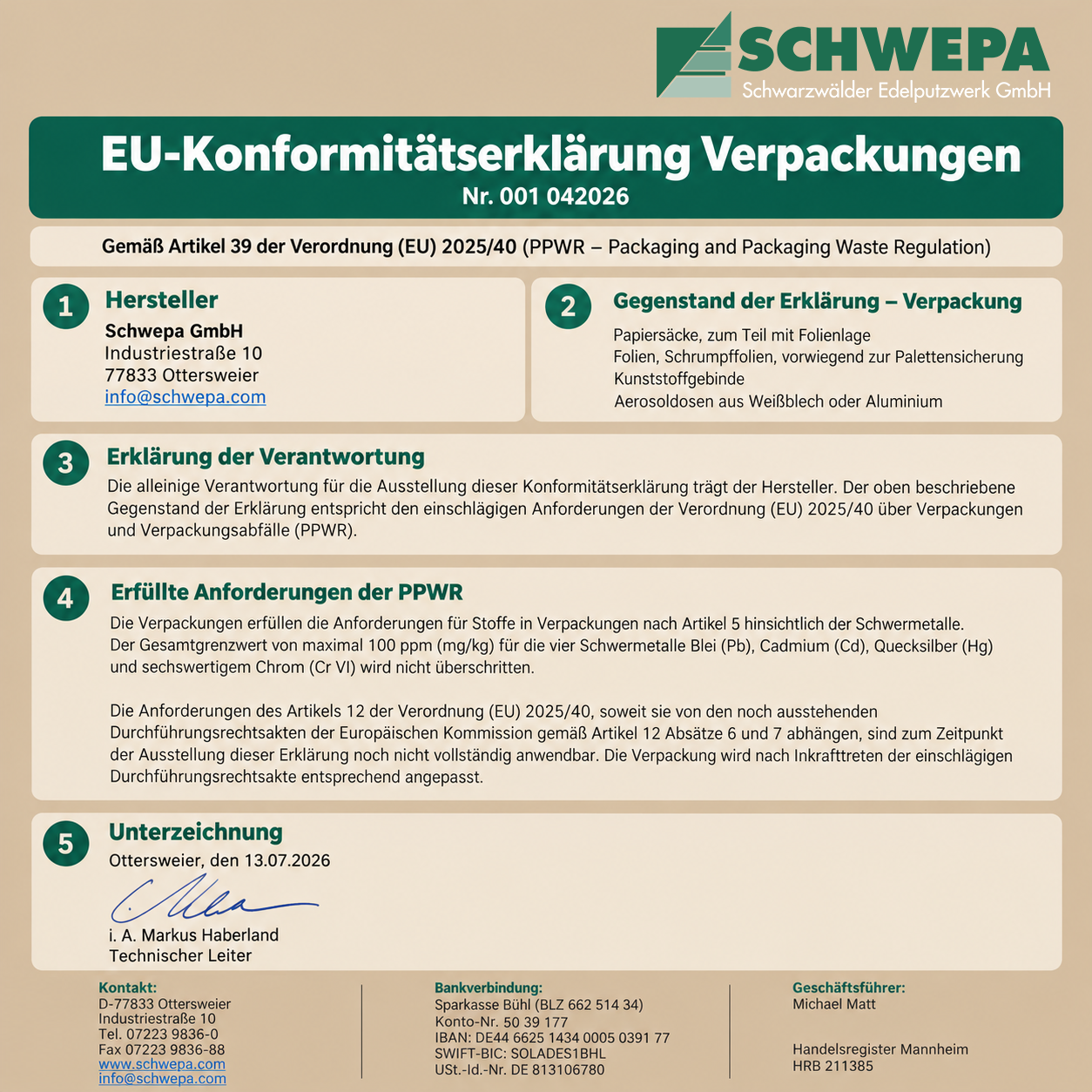 EU-Konformitätserklärung Verpackungen SCHWEPA